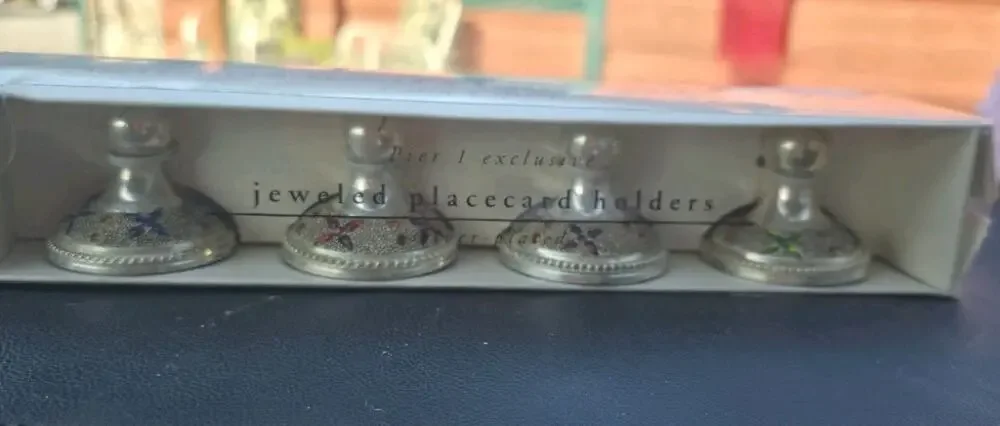 4 Pier One Jeweled Placecard holders. Silver plated Jeweled